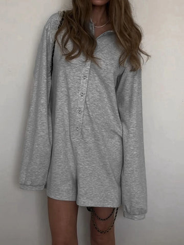Weekeep Streetwear Grey Loose Rompers Fashion Button Up Full Sleeve Women Playsuits y2k Aesthetic Ladies Solid Outfits Harajuku