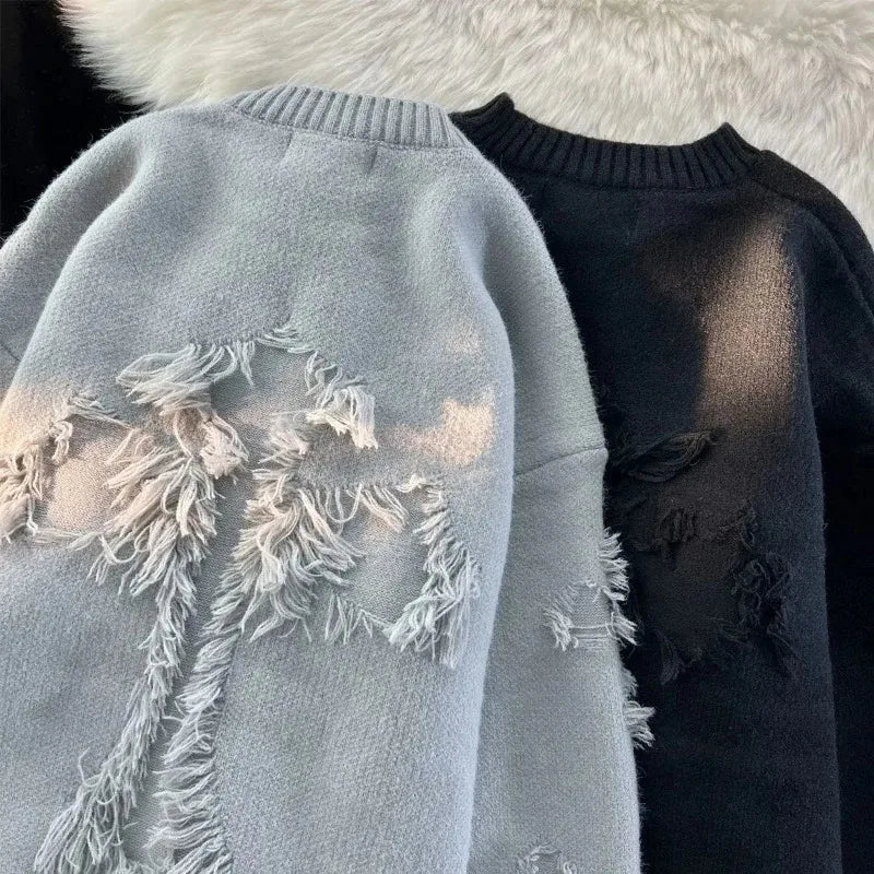 2025 Y2k Streetwear Sweater Men New Retro Hole Fringed Sweater Loose Versatile Knitwear Pullovers Long Sleeve Jumpers Clothing